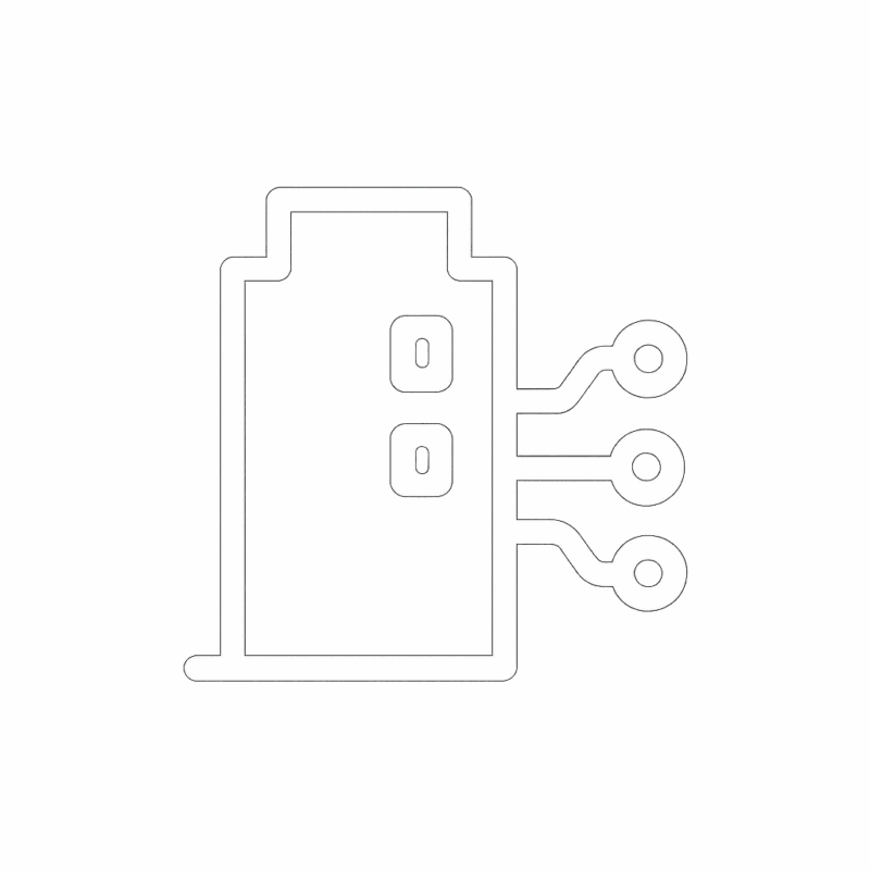 Advanced Technology Integration icon showing a building with digital circuit lines – Ecosafe Saudi Arabia