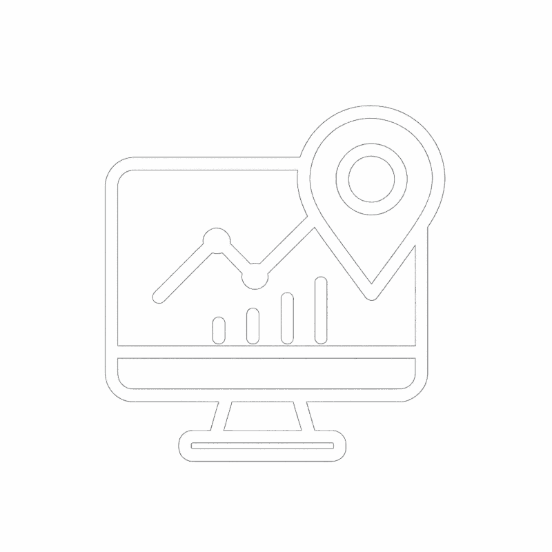 GIS and data processing icon showing a computer screen with a map pin and analytics chart – Ecosafe Surveying Services Saudi Arabia