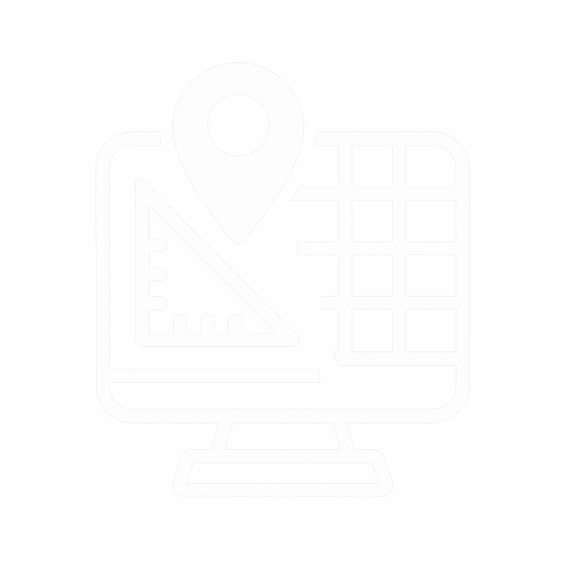 Integrated GIS and CAD compatibility icon showing a map pin above an engineering blueprint grid – Ecosafe Surveying & Drones Saudi Arabia