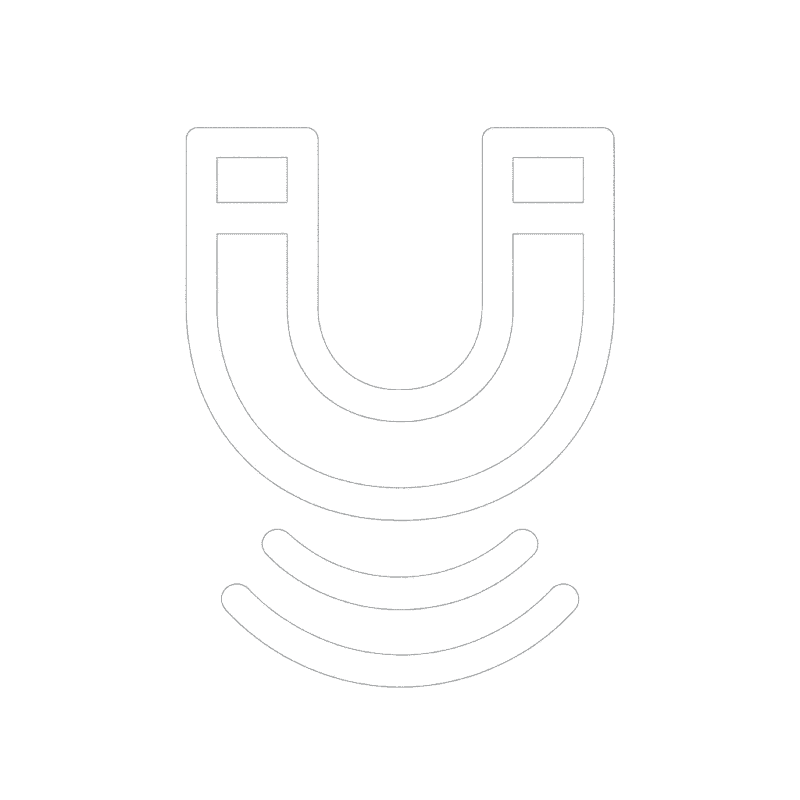 White bold line icon of a horseshoe magnet with electromagnetic field lines, representing Ecosafe’s Magnetic and Electromagnetic Surveys service.